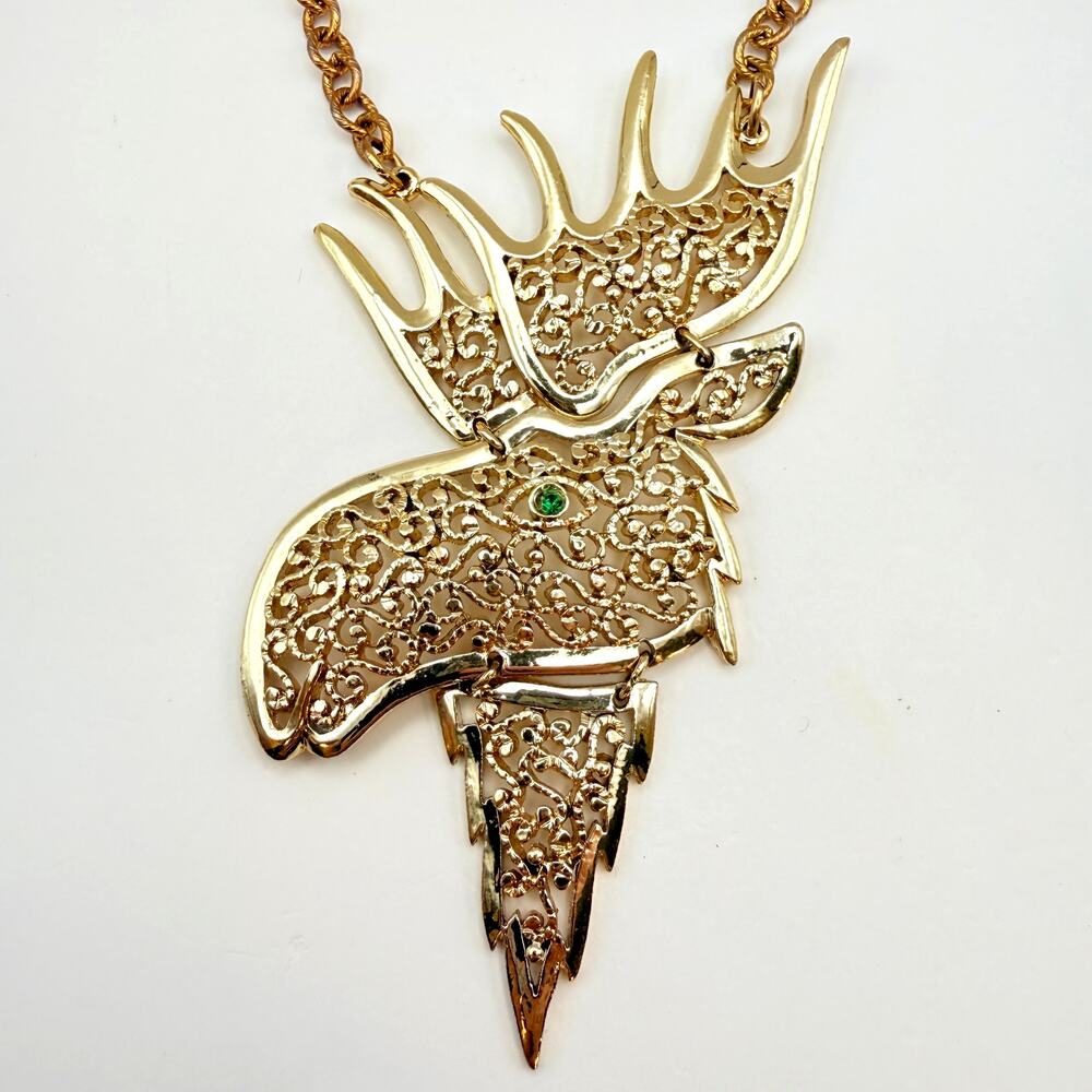 Signed Gold Crown Inc Filigree Moose Large Pendant Articulated Necklace 23.5"
